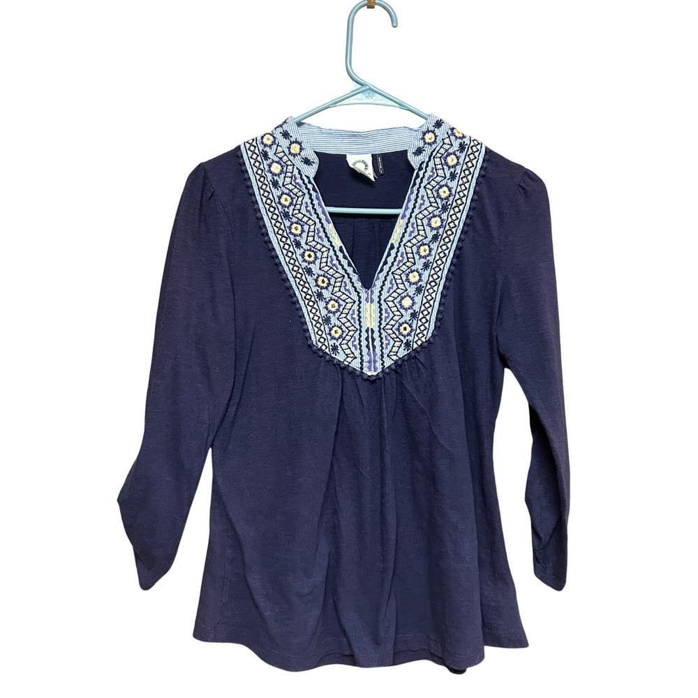 Akemi + Kin Anthropologie Blouse Womens Small Navy Blue Embroidered Boho Top